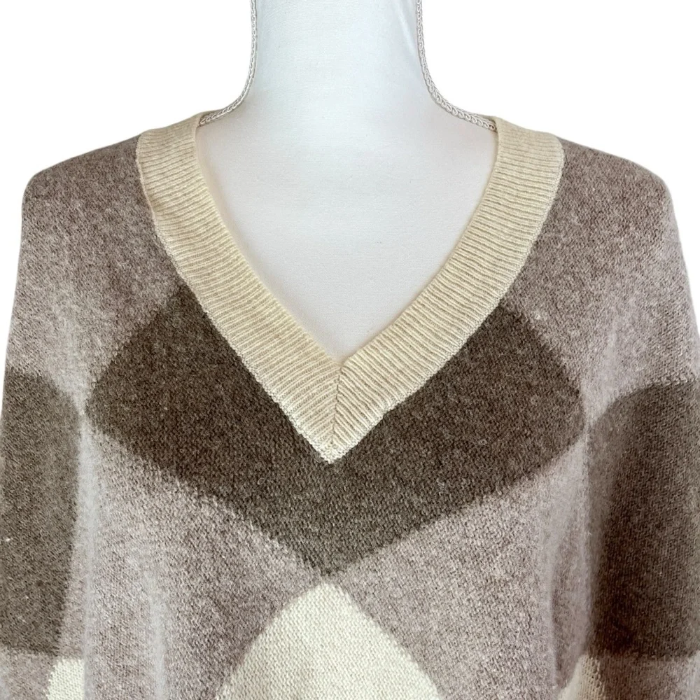 BOSTON PROPER Tan Cream Patchwork Poncho One Sz Lambswool Fall Pullover‎ Casual
